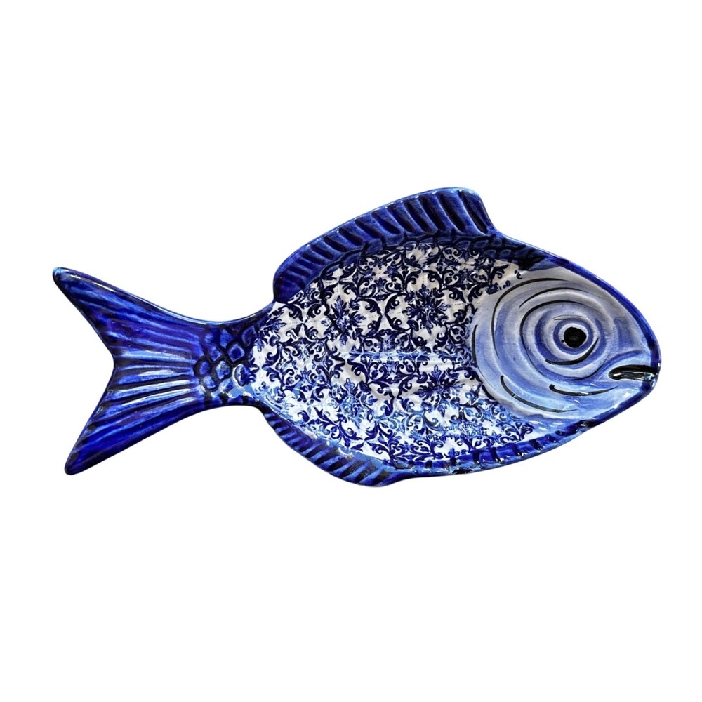 CA Hand Painted Portugal Ceramic Fish Dish Blue White Trinket Tray Coastal 8in